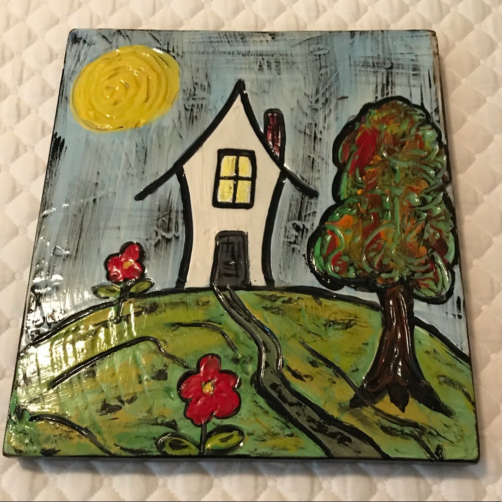 Folk art- house with a tree , sun and yard